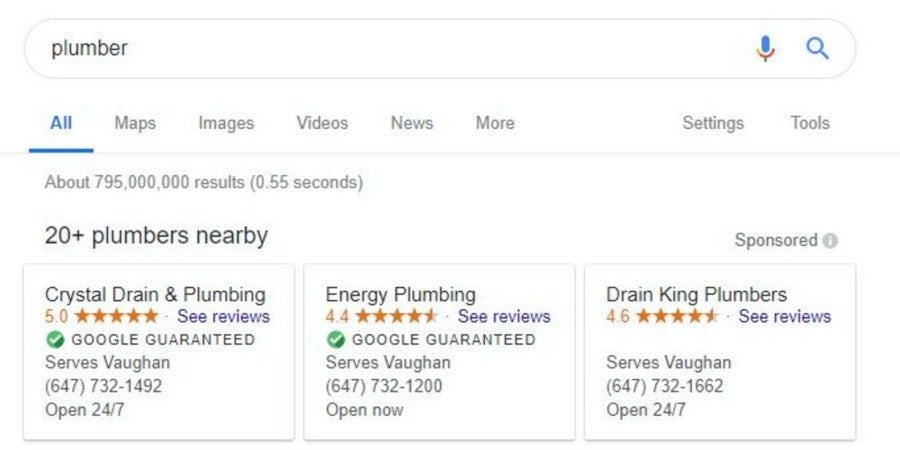 Google search for plumber.