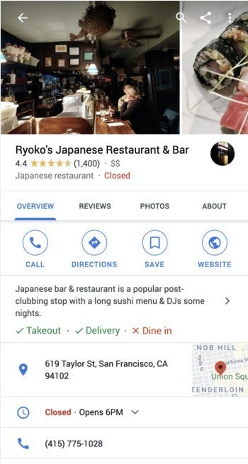 Ryoko's Japanese Restaurant & Bar Google my business listing.