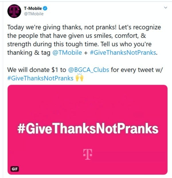 T-Mobile tweet: GiveThanksNotPranks