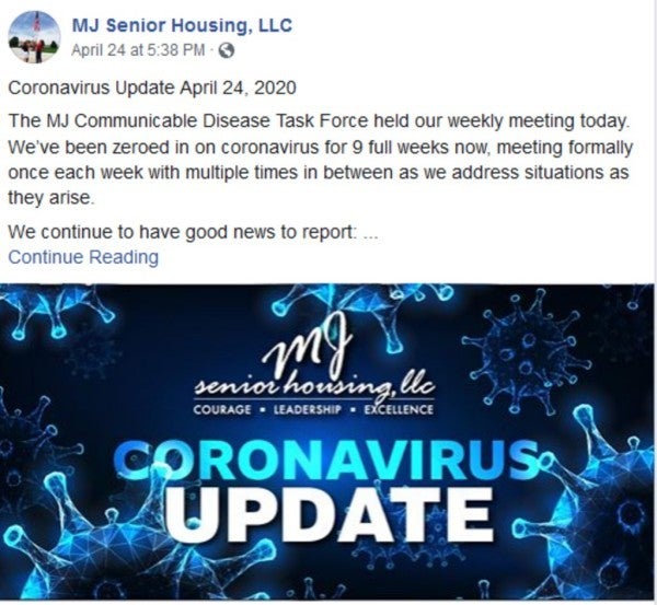 Coronavirus update from MJ Senior Housing.