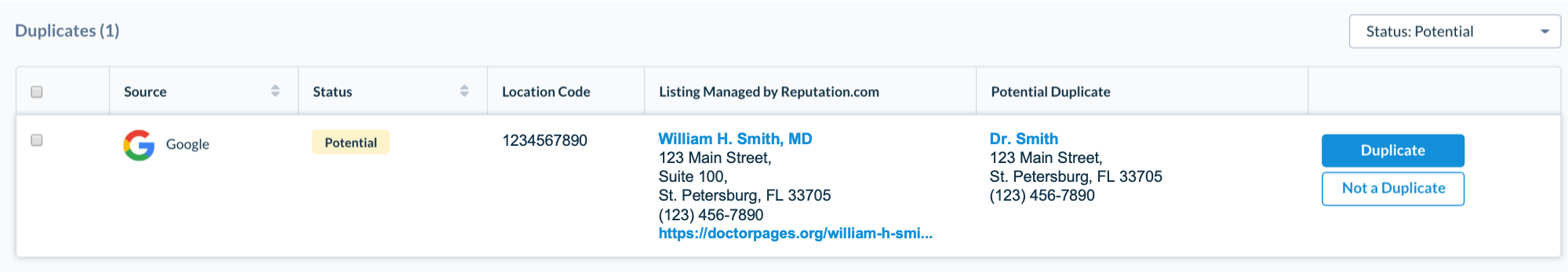 Duplicate business listings screen shot.