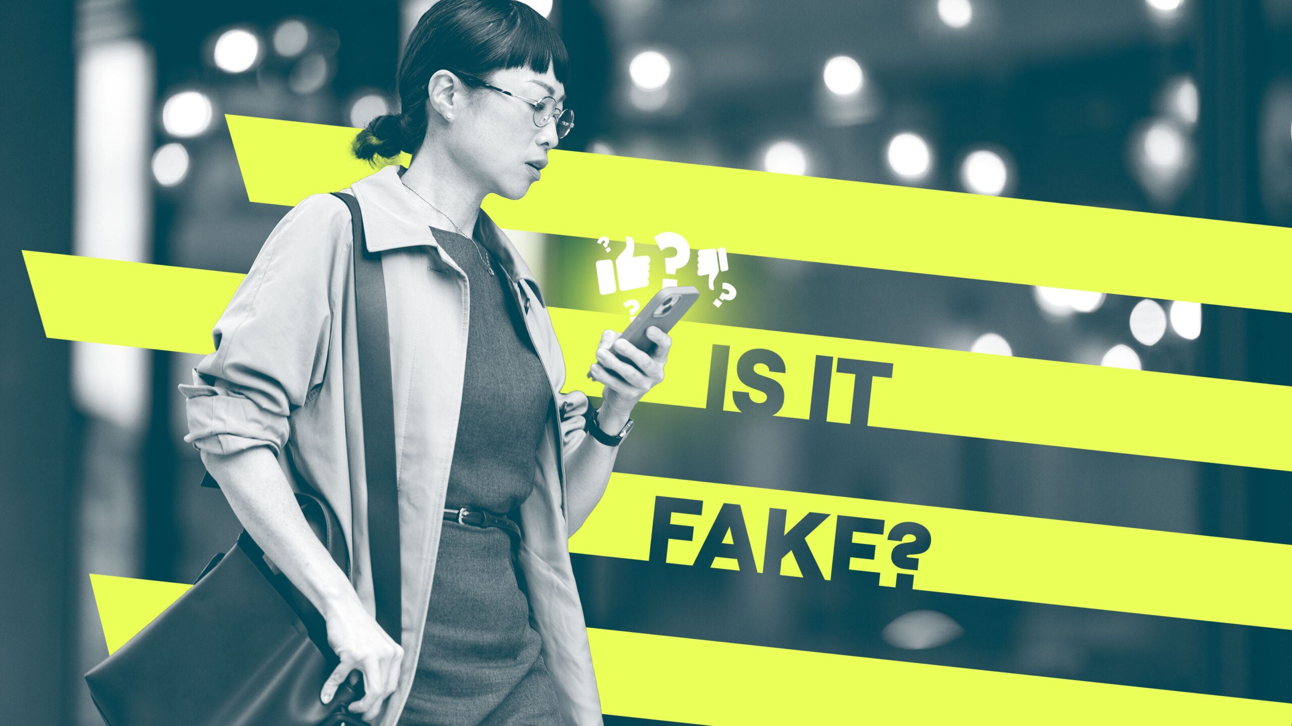 Woman reading phone, with 'Is it fake?'.