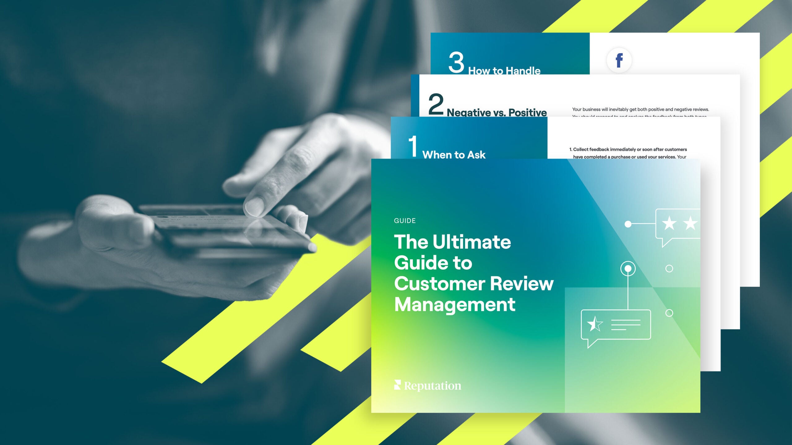 Hands holding phone, with 'Ultimate Guide to Customer Review Management' report cover.