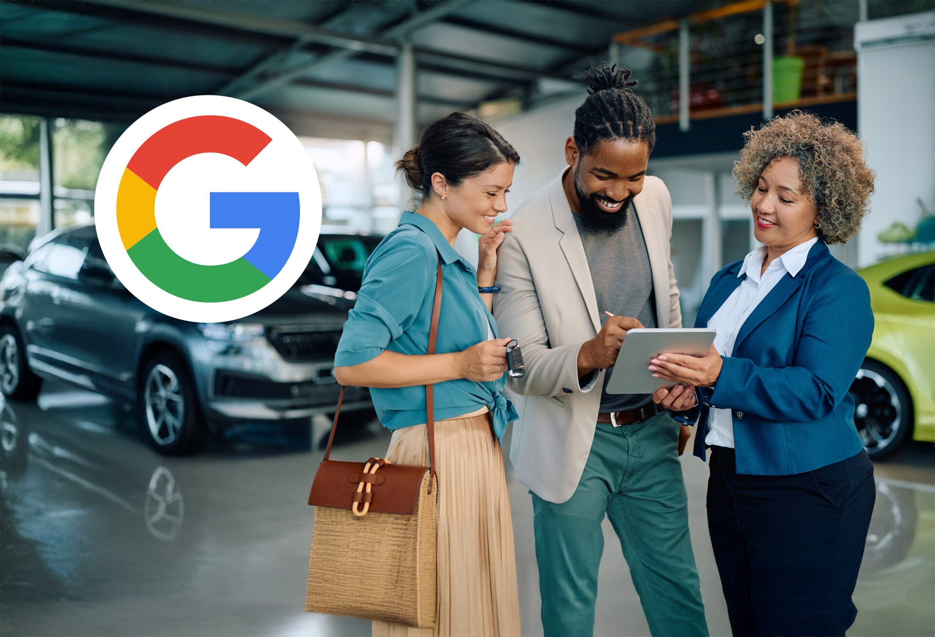 Couple signing agreement in automotive showroom