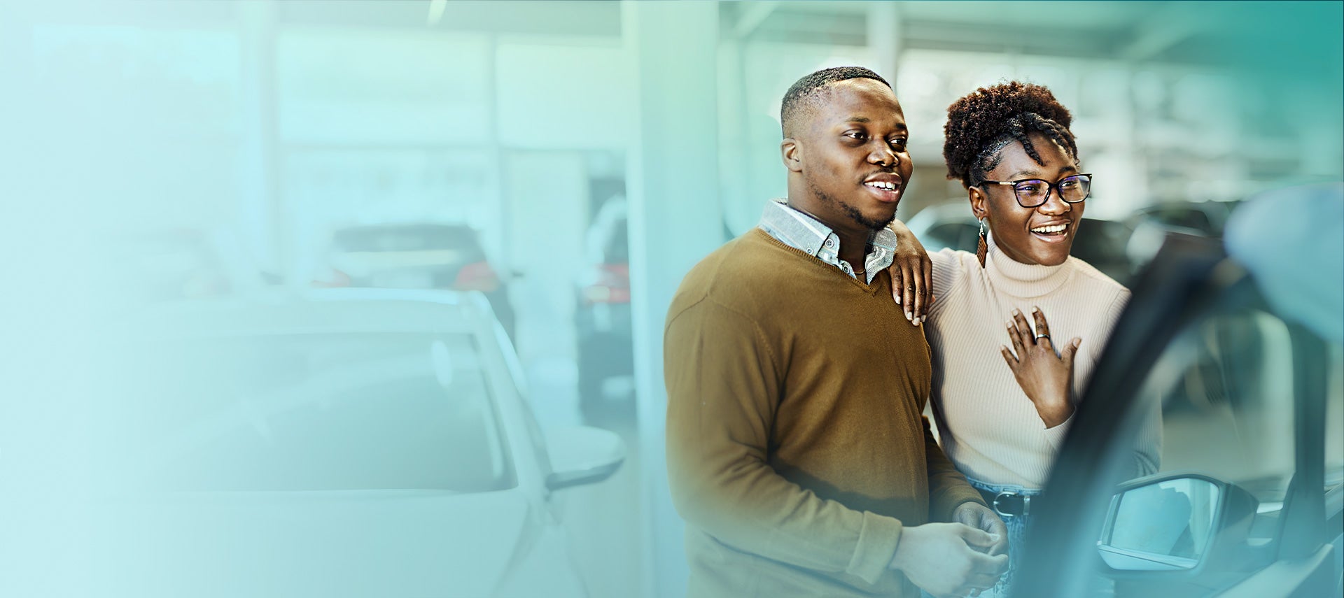 Car buyers in showroom