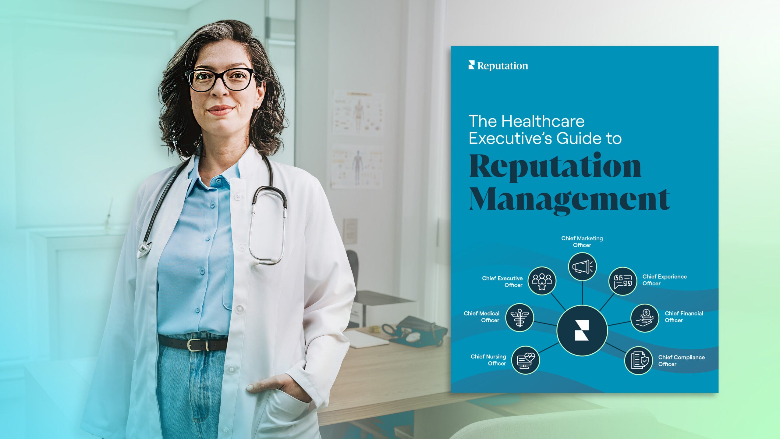 Female doctor in office, with cover of Healthcare Executive's Guide to Reputation Management