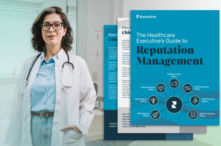 Female doctor in office, with cover of Healthcare Executive's Guide to Reputation Management