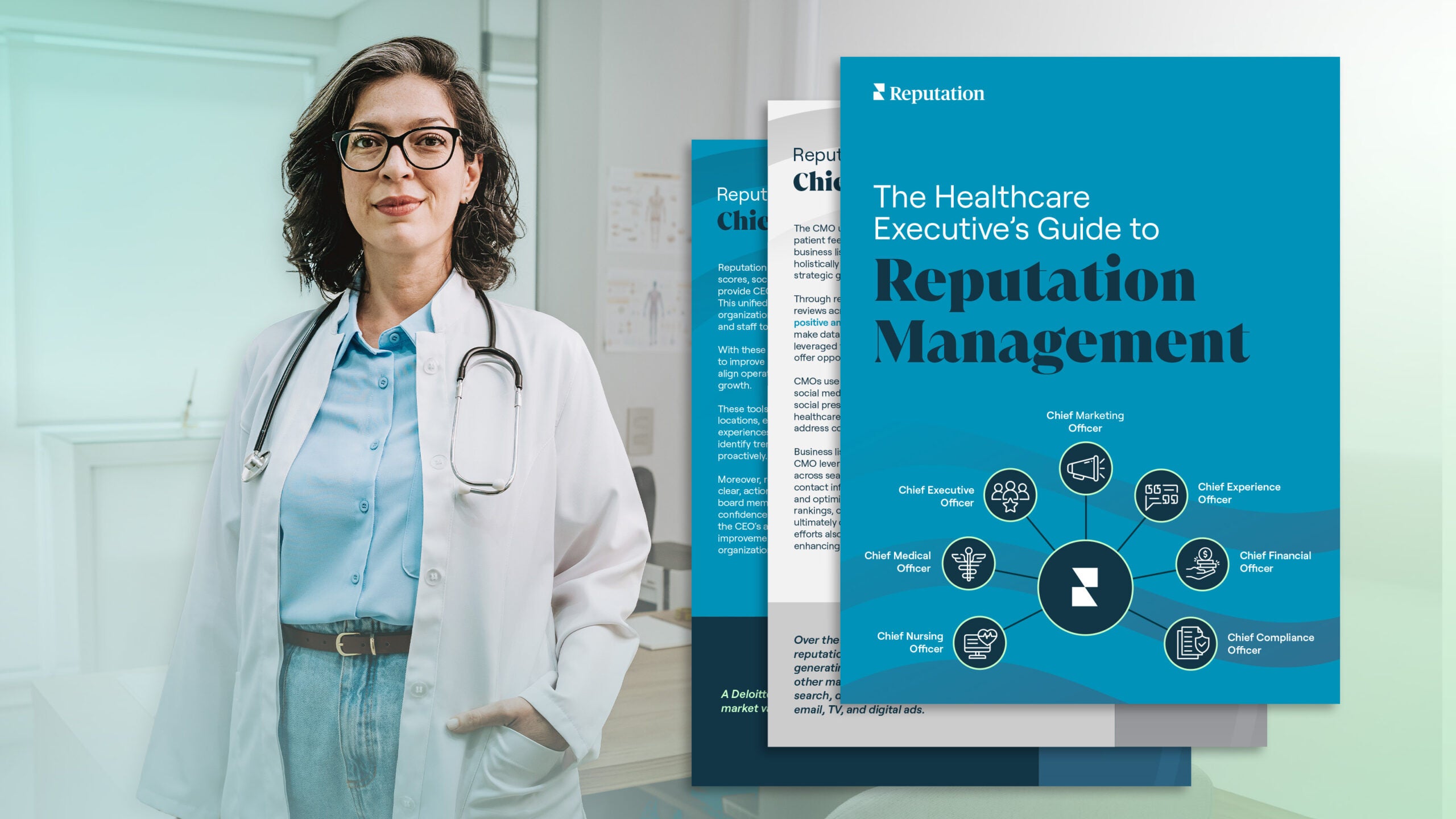 Female doctor in office, with cover of Healthcare Executive's Guide to Reputation Management