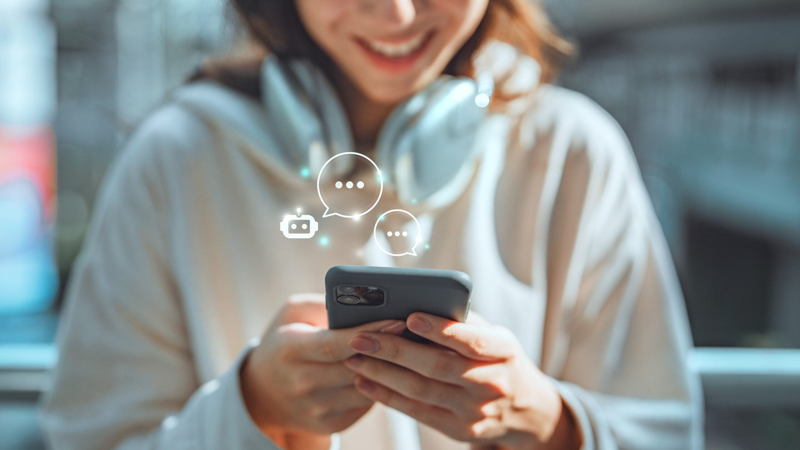Woman on phone with dialog boxes.